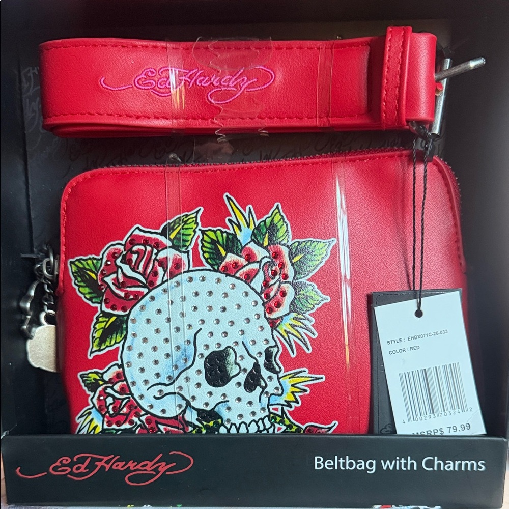 Ed Hardy Red Belt Bag with charms NWT